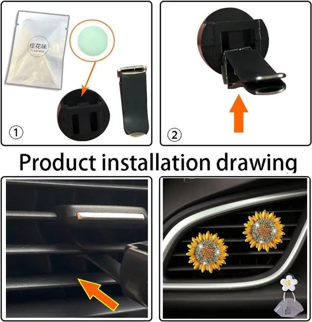 Alt view image 7 of 7 - Bling Sunflower Air Vent Clips, 2 Pcs Golden Sunflower Car Air Fresheners Vent Clips Car Diffuser Diamond Decoration Interior Decor Cute Accessories for Women Girls + Mask Hook