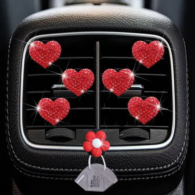 Alt view image 2 of 7 - Bling Heart Air Vent Clips, 6 Pcs Red Heart Car Air Fresheners, Diamond Car Interior Decor Charm + Cute Sunflower Mask Hook