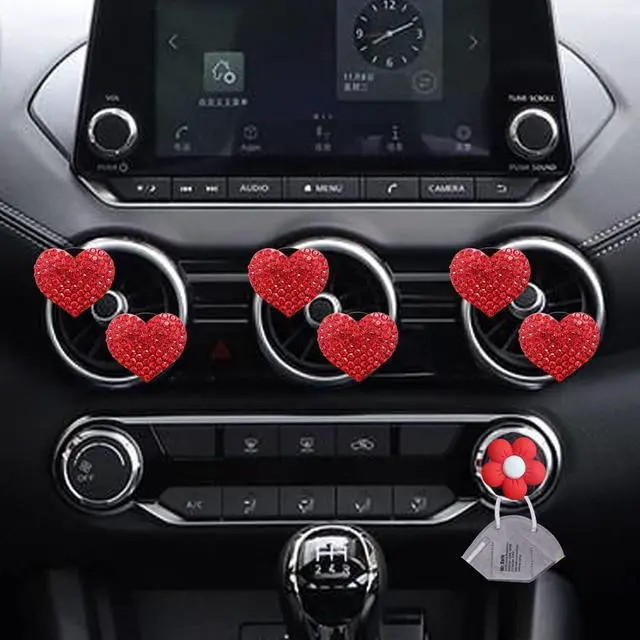 Alt view image 4 of 7 - Bling Heart Air Vent Clips, 6 Pcs Red Heart Car Air Fresheners, Diamond Car Interior Decor Charm + Cute Sunflower Mask Hook
