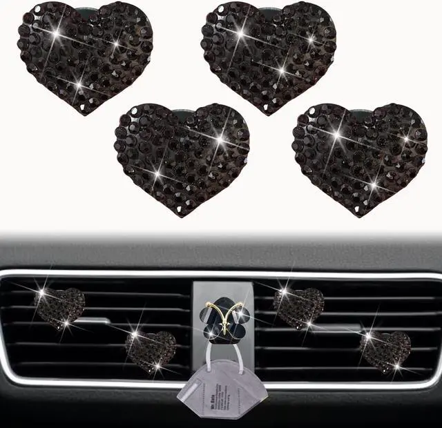 Main image of Black Heart Air Vent Clips, 4 Pcs Bling Heart Air Fresheners Vents Clips Diamond Car Interior Decor Charm Cute Car Accessories + Cute Butterfly Mask Hook