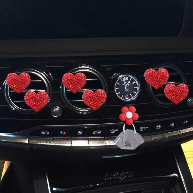 Alt view image 5 of 7 - Bling Heart Air Vent Clips, 6 Pcs Red Heart Car Air Fresheners, Diamond Car Interior Decor Charm + Cute Sunflower Mask Hook