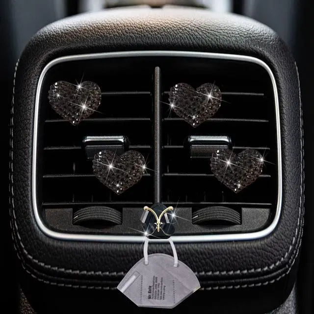 Alt view image 2 of 7 - Black Heart Air Vent Clips, 4 Pcs Bling Heart Air Fresheners Vents Clips Diamond Car Interior Decor Charm Cute Car Accessories + Cute Butterfly Mask Hook
