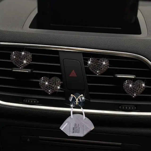 Alt view image 3 of 7 - Black Heart Air Vent Clips, 4 Pcs Bling Heart Air Fresheners Vents Clips Diamond Car Interior Decor Charm Cute Car Accessories + Cute Butterfly Mask Hook