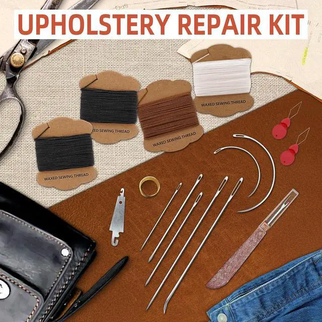 Alt view image 2 of 6 - Upholstery Repair Kit: Extra Strong Waxed Sewing Thread 4 Rolls (3 Colors) &Heavy Duty Household Hand Needles (7 PCS) for Leather, Canvas, Bookbinding & Quilting Thread