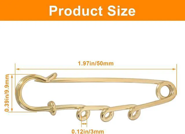 Alt view image 3 of 5 - 20 Pcs Heavy Duty Safety Pins, 2 Inch Gold | Metal, Decorative Brooch Clasp, 3 Loops, DIY Crafts Jewelry Making, Sewing Clothes Blankets Skirts Kilts Knitted Fabric