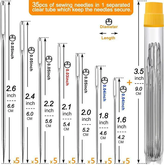 Alt view image 2 of 7 - 35/70 Pack Premium Large Eye Needles for Hand Sewing with Needle Threaders, Assorted Sizes, Embroidery Needles for Hand Sewing, Sewing Needles Large Eye, Big Eye Needle