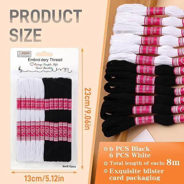 Alt view image 2 of 7 - Embroidery Floss,12 Skeins Black and White Embroidery Thread | 2 Colors Hand Embroidery String Cross Stitch Thread Friendship Bracelet String for Jewelry Making, Embroidery Crafts