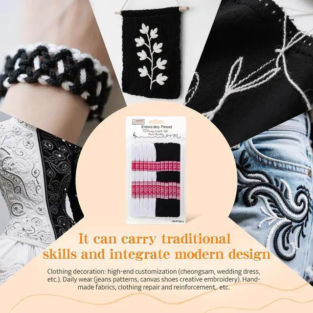 Alt view image 7 of 7 - Embroidery Floss,12 Skeins Black and White Embroidery Thread | 2 Colors Hand Embroidery String Cross Stitch Thread Friendship Bracelet String for Jewelry Making, Embroidery Crafts