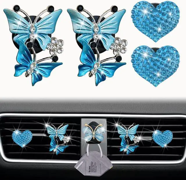 Main image of Blue Heart & Butterfly Air Vent Clips, 4 Pcs Bling Heart Air Fresheners Vents Clips Car Diffuser Diamond Interior Decor Charm Cute Accessories + Cute Mask Hook