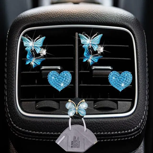 Alt view image 2 of 7 - Blue Heart & Butterfly Air Vent Clips, 4 Pcs Bling Heart Air Fresheners Vents Clips Car Diffuser Diamond Interior Decor Charm Cute Accessories + Cute Mask Hook