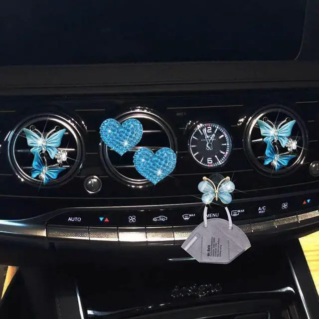 Alt view image 4 of 7 - Blue Heart & Butterfly Air Vent Clips, 4 Pcs Bling Heart Air Fresheners Vents Clips Car Diffuser Diamond Interior Decor Charm Cute Accessories + Cute Mask Hook