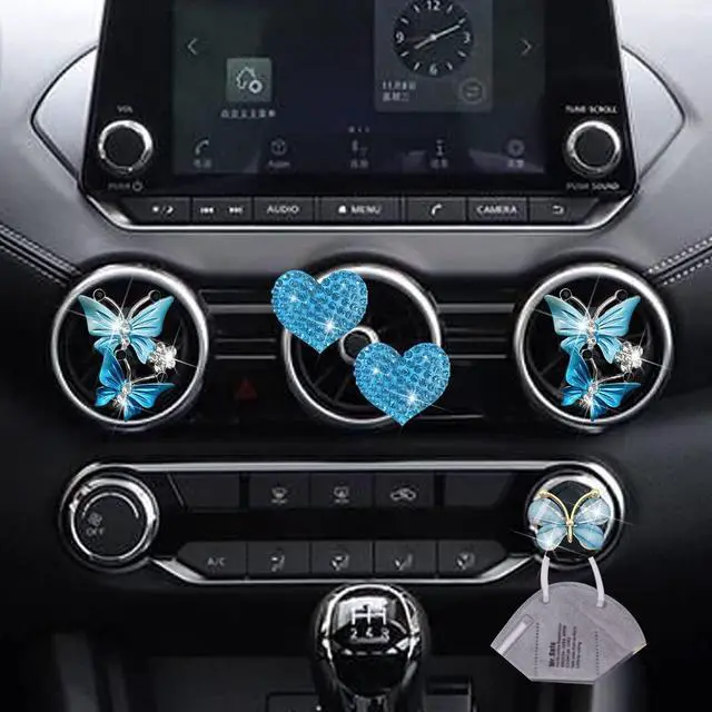 Alt view image 5 of 7 - Blue Heart & Butterfly Air Vent Clips, 4 Pcs Bling Heart Air Fresheners Vents Clips Car Diffuser Diamond Interior Decor Charm Cute Accessories + Cute Mask Hook