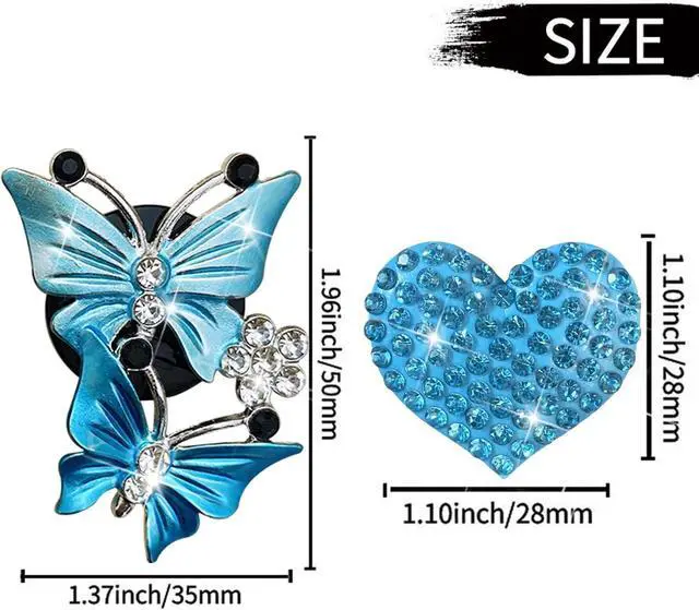 Alt view image 6 of 7 - Blue Heart & Butterfly Air Vent Clips, 4 Pcs Bling Heart Air Fresheners Vents Clips Car Diffuser Diamond Interior Decor Charm Cute Accessories + Cute Mask Hook