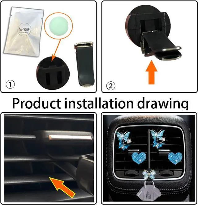 Alt view image 7 of 7 - Blue Heart & Butterfly Air Vent Clips, 4 Pcs Bling Heart Air Fresheners Vents Clips Car Diffuser Diamond Interior Decor Charm Cute Accessories + Cute Mask Hook