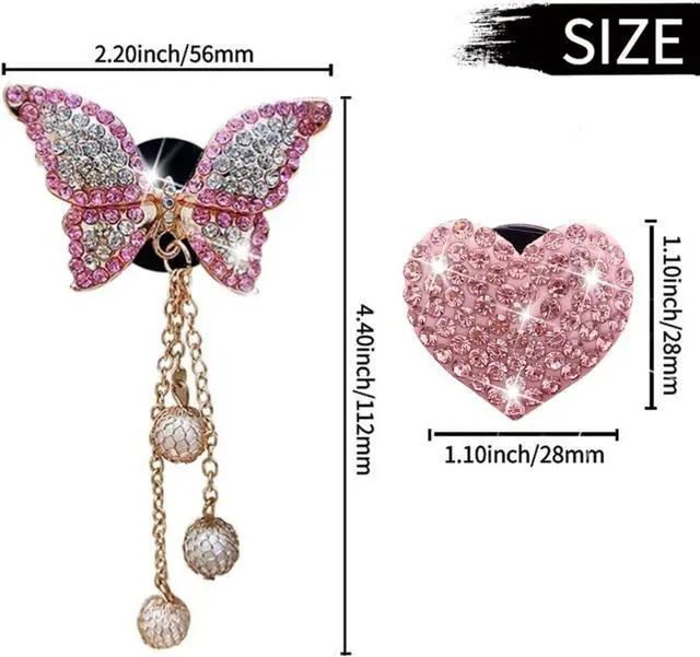 Alt view image 2 of 7 - Pink Heart & Butterfly Pandent Air Vent Clips, 4 Pcs Bling Heart Car Air Fresheners Vents Clips Diamond Interior Decor Bling Cute Car Accessories Decoration for Women +Sunflower Mask Hook