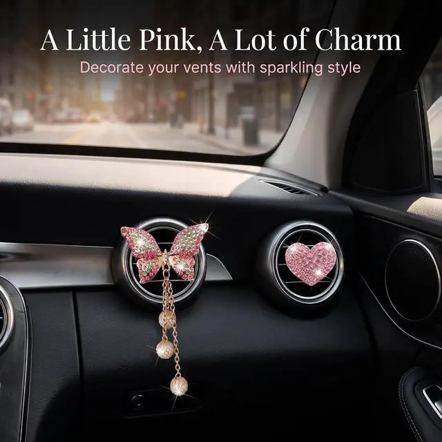 Alt view image 5 of 7 - Pink Heart & Butterfly Pandent Air Vent Clips, 4 Pcs Bling Heart Car Air Fresheners Vents Clips Diamond Interior Decor Bling Cute Car Accessories Decoration for Women +Sunflower Mask Hook