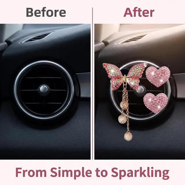 Alt view image 7 of 7 - Pink Heart & Butterfly Pandent Air Vent Clips, 4 Pcs Bling Heart Car Air Fresheners Vents Clips Diamond Interior Decor Bling Cute Car Accessories Decoration for Women +Sunflower Mask Hook