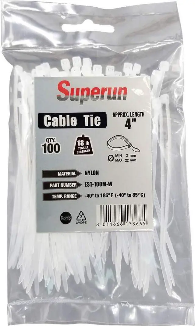 Main image of Superun Clear Zip Ties 4 Inch 18 Lbs White Cable Ties 100 Pack | Self-locking,Width 0.1",Max Bundle Diameter 0.86",Industrial Grade,fireproof,Heavy duty,For indoor and outdoor