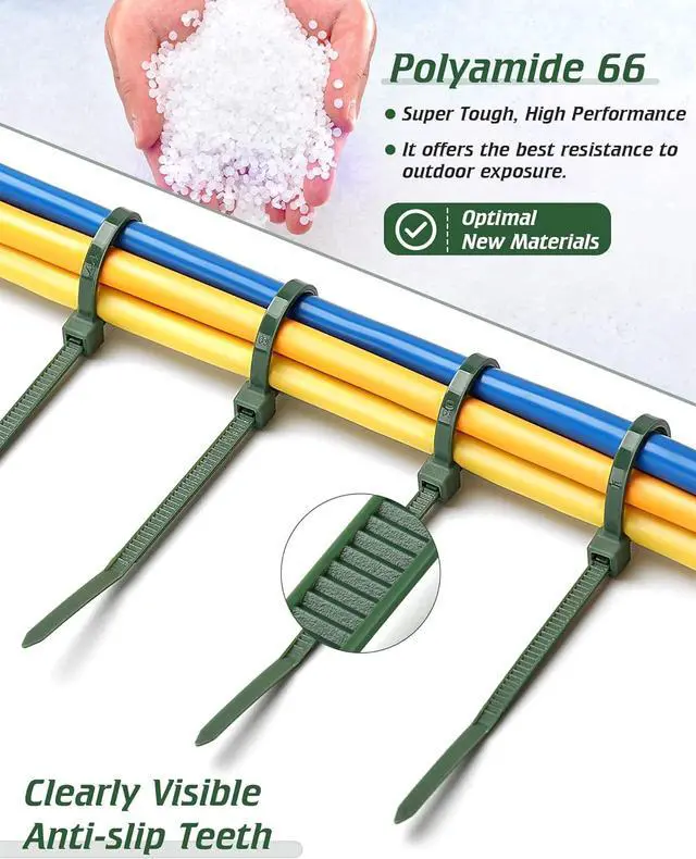 Alt view image 2 of 7 - PA66 8 Inch Green Zip Ties 100 Pack Heavy Duty Plastic Wire Ties | 3.6 MM Wide, 45lb Strength, UV Resistant, Self-locking Nylon Cable Ties for Garden Plants Floral Arrangements Holiday Lights