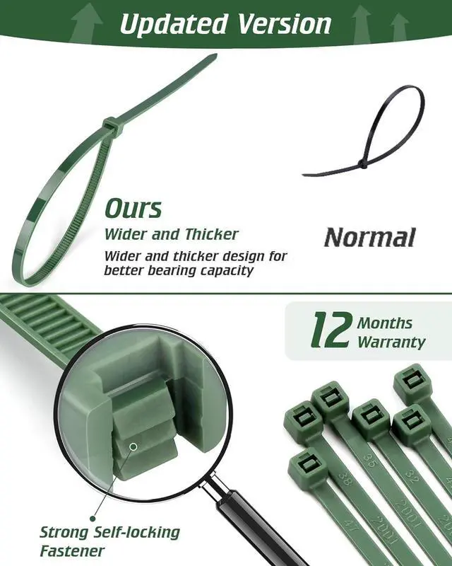 Alt view image 3 of 7 - PA66 8 Inch Green Zip Ties 100 Pack Heavy Duty Plastic Wire Ties | 3.6 MM Wide, 45lb Strength, UV Resistant, Self-locking Nylon Cable Ties for Garden Plants Floral Arrangements Holiday Lights
