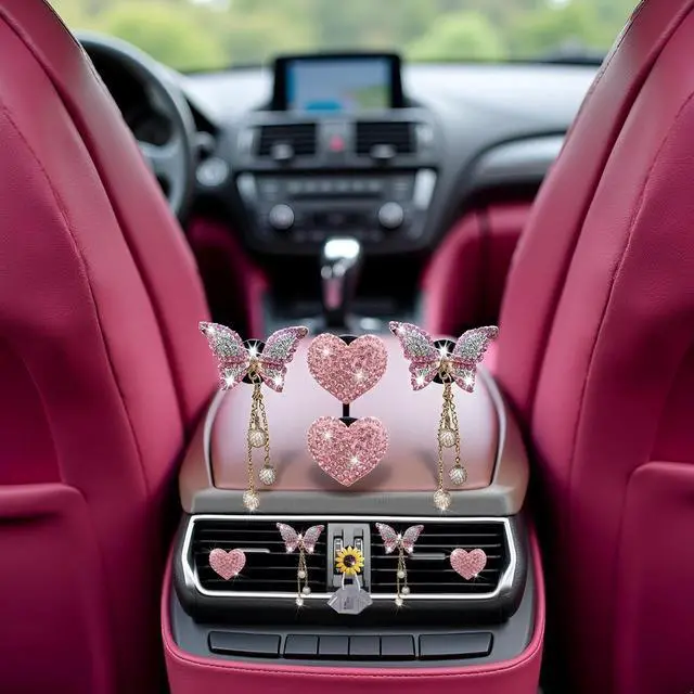 Alt view image 4 of 7 - 4 Pcs Pink Heart and Butterfly Pandent Air Vent Clips, Bling Heart Air Fresheners Vents Clips Diamond Car Interior Decor Bling Cute Car Accessories + Sunflower Mask Hook