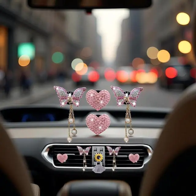 Alt view image 3 of 7 - 4 Pcs Pink Heart and Butterfly Pandent Air Vent Clips, Bling Heart Air Fresheners Vents Clips Diamond Car Interior Decor Bling Cute Car Accessories + Sunflower Mask Hook