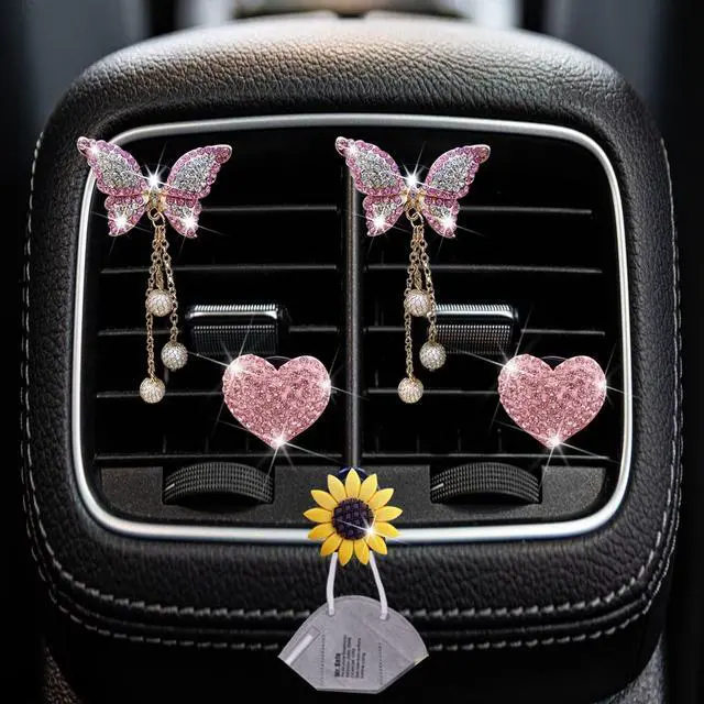 Alt view image 2 of 7 - 4 Pcs Pink Heart and Butterfly Pandent Air Vent Clips, Bling Heart Air Fresheners Vents Clips Diamond Car Interior Decor Bling Cute Car Accessories + Sunflower Mask Hook