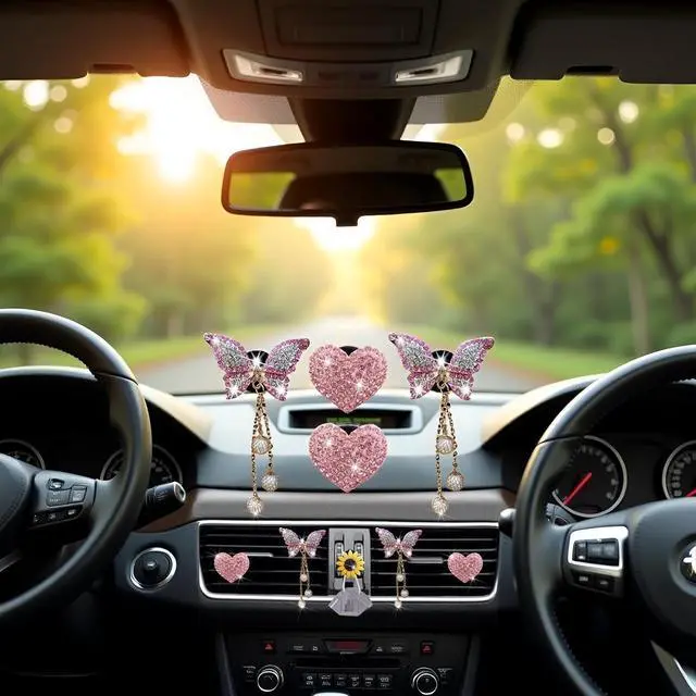 Alt view image 5 of 7 - 4 Pcs Pink Heart and Butterfly Pandent Air Vent Clips, Bling Heart Air Fresheners Vents Clips Diamond Car Interior Decor Bling Cute Car Accessories + Sunflower Mask Hook