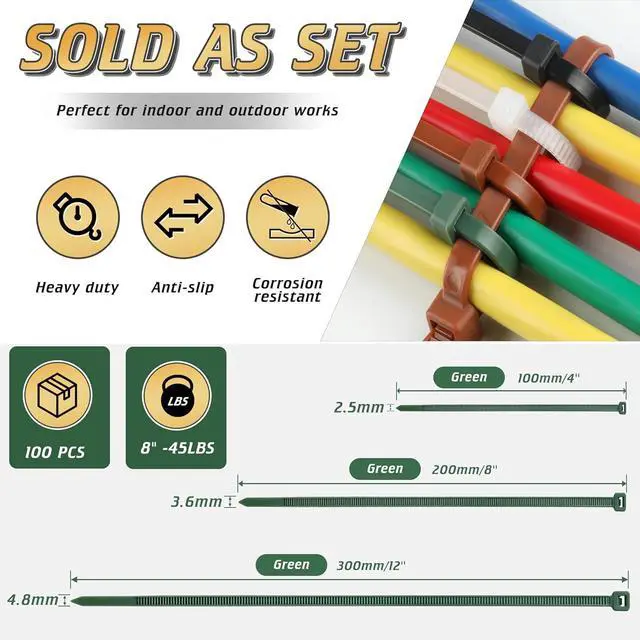 Alt view image 4 of 7 - PA66 8 Inch Green Zip Ties 100 Pack Heavy Duty Plastic Wire Ties | 3.6 MM Wide, 45lb Strength, UV Resistant, Self-locking Nylon Cable Ties for Garden Plants Floral Arrangements Holiday Lights