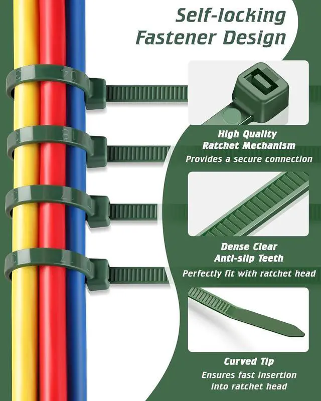 Alt view image 6 of 7 - PA66 8 Inch Green Zip Ties 100 Pack Heavy Duty Plastic Wire Ties | 3.6 MM Wide, 45lb Strength, UV Resistant, Self-locking Nylon Cable Ties for Garden Plants Floral Arrangements Holiday Lights