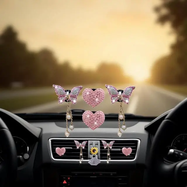 Alt view image 6 of 7 - 4 Pcs Pink Heart and Butterfly Pandent Air Vent Clips, Bling Heart Air Fresheners Vents Clips Diamond Car Interior Decor Bling Cute Car Accessories + Sunflower Mask Hook