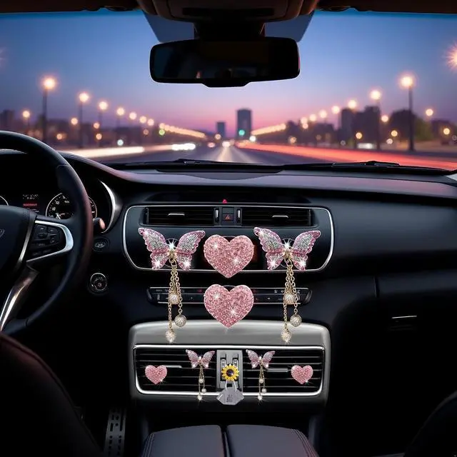 Alt view image 7 of 7 - 4 Pcs Pink Heart and Butterfly Pandent Air Vent Clips, Bling Heart Air Fresheners Vents Clips Diamond Car Interior Decor Bling Cute Car Accessories + Sunflower Mask Hook