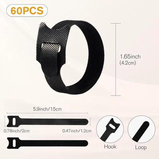 Alt view image 2 of 7 - CableGeeker 60 PCS Reusable Cable Ties (6 Inch), Black | Adjustable Hook and Loop Cord Straps, Wire Organizer for Home, Office, Electronics