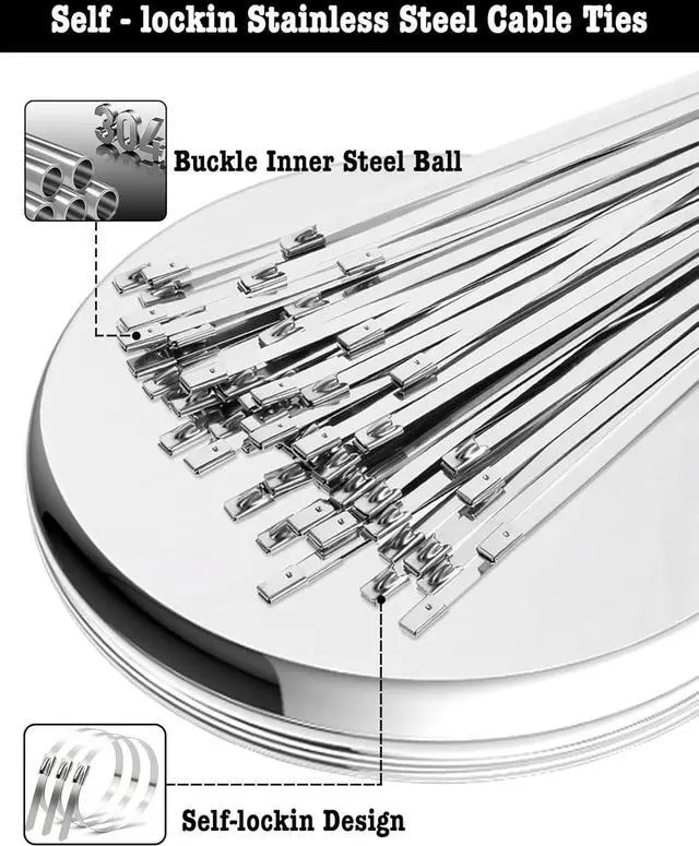 Alt view image 3 of 7 - 50Pcs Metal Zip Ties, Heavy Duty Stainless Steel Cable Ties, 11.8 inch | 304 Stainless Steel, Self-Locking, Holds 198 Ibs, Hear Resistant to 932F, Rust & UV Resistant, Outdoor Use