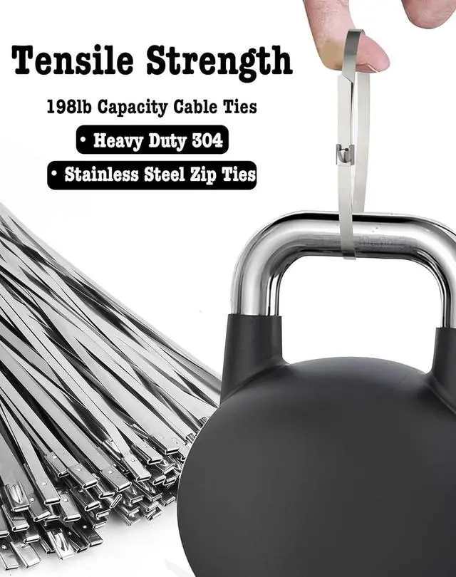 Alt view image 4 of 7 - 50Pcs Metal Zip Ties, Heavy Duty Stainless Steel Cable Ties, 11.8 inch | 304 Stainless Steel, Self-Locking, Holds 198 Ibs, Hear Resistant to 932F, Rust & UV Resistant, Outdoor Use