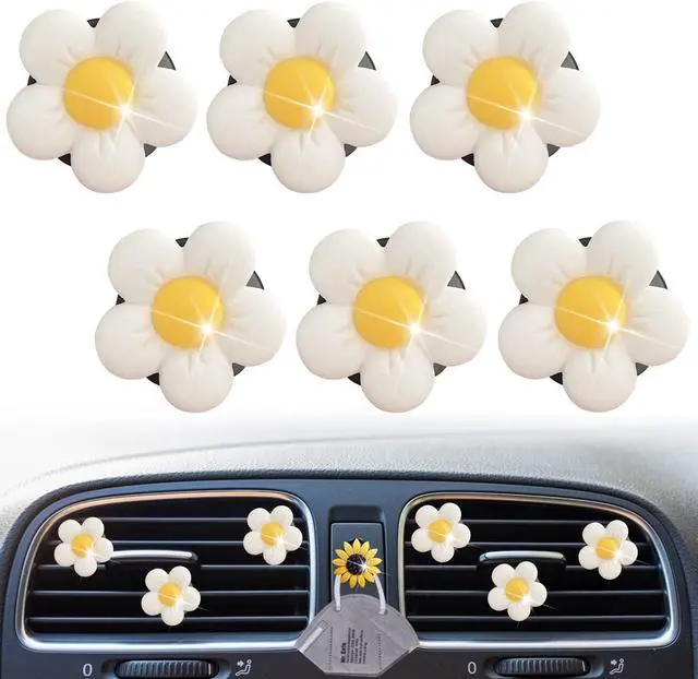 Main image of Cute Daisy Air Vent Clips, 6 Pcs Flower Car Air Fresheners Vent Clips Car Diffuser Vent Clip Charm Decoration for Women Cute Interior Decor Accessories + Sunflower Mask Hook (White)