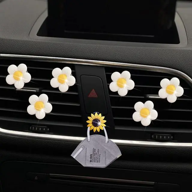 Alt view image 2 of 7 - Cute Daisy Air Vent Clips, 6 Pcs Flower Car Air Fresheners Vent Clips Car Diffuser Vent Clip Charm Decoration for Women Cute Interior Decor Accessories + Sunflower Mask Hook (White)