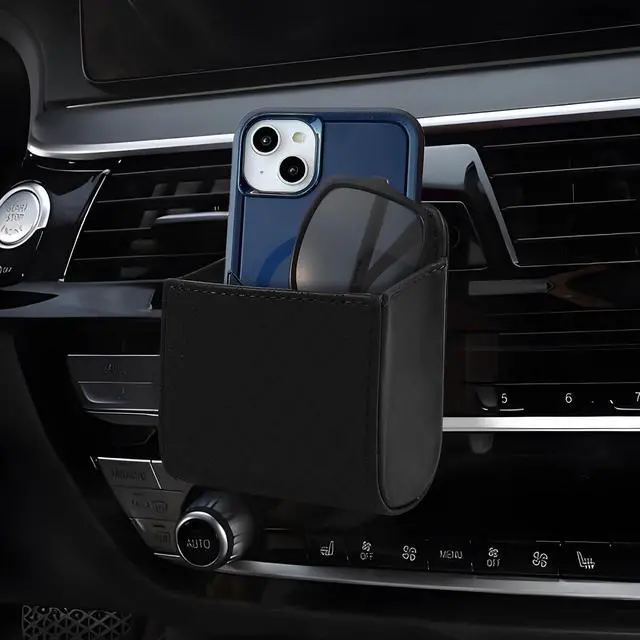 Main image of wuyaoyao Car Vent Storage Organizer, Leather Air Vent Storage Pouch with Hook, Automotive Dashboard Organizer Pocket for Phone Key Lipstick Coin Sunglasses, Universal Interior Car Accessories (Black)
