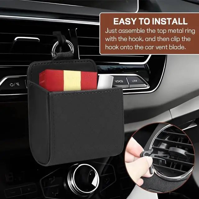 Alt view image 5 of 6 - wuyaoyao Car Vent Storage Organizer, Leather Air Vent Storage Pouch with Hook, Automotive Dashboard Organizer Pocket for Phone Key Lipstick Coin Sunglasses, Universal Interior Car Accessories (Black)