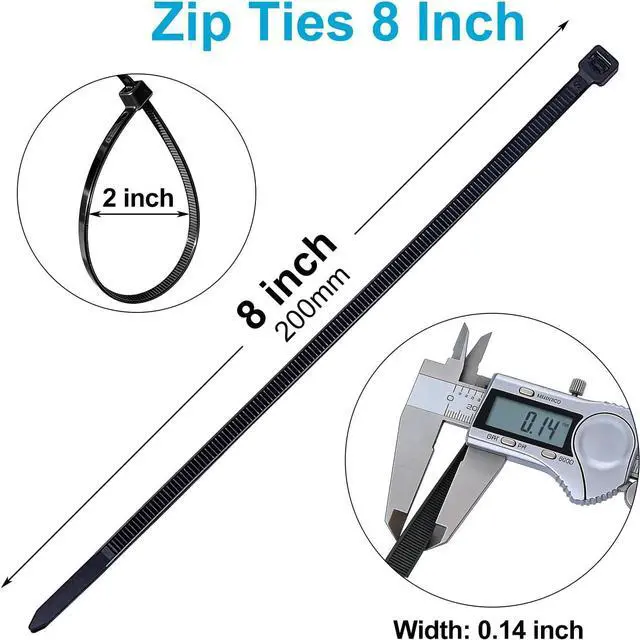 Alt view image 2 of 7 - 150 Pack Zip Ties 8 Inch Black, 40lbs Tensile Strength, Nylon Cable Ties | Self-Locking Wire Ties, Premium Plastic Zip Ties, Tie Wraps for Indoor and Outdoor Multipurpose Use