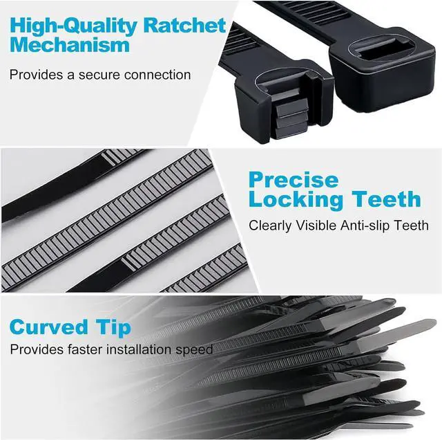 Alt view image 3 of 7 - 150 Pack Zip Ties 8 Inch Black, 40lbs Tensile Strength, Nylon Cable Ties | Self-Locking Wire Ties, Premium Plastic Zip Ties, Tie Wraps for Indoor and Outdoor Multipurpose Use