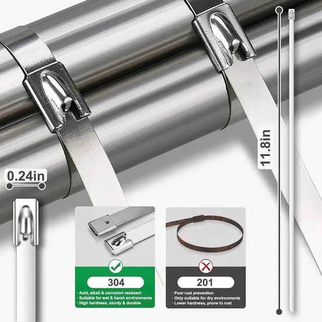 Alt view image 2 of 7 - Metal Zip Ties, 50PCS 11.8 Inch, 304 Stainless Steel Heavy Duty Self-Locking Cable Ties, Heat Resistant& Corrosion Proof Metal Ties for Outdoor Fence, Pipes, Vehicle and Farm Machinery