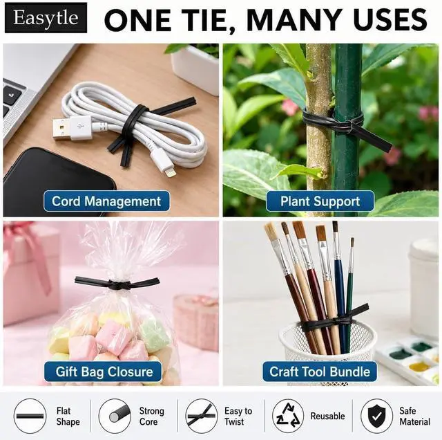 Alt view image 2 of 7 - 400 Pcs Twist Ties for Bags 5" Cable Ties Bag Twist Ties for Cord Twist Bread Ties Reusable Black Plastic Coated Ties Heavy Duty Bread Ties Twist Wire Ties for Household and Office Use