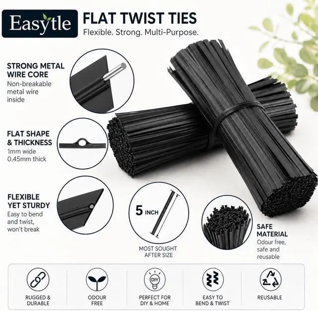 Alt view image 4 of 7 - 400 Pcs Twist Ties for Bags 5" Cable Ties Bag Twist Ties for Cord Twist Bread Ties Reusable Black Plastic Coated Ties Heavy Duty Bread Ties Twist Wire Ties for Household and Office Use