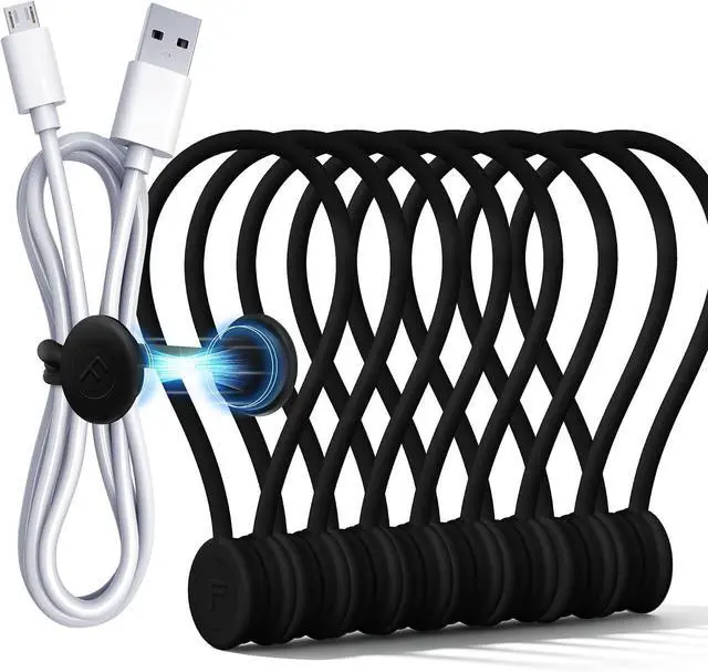 Main image of COOLMI Magnetic Cable Ties 8 Pack, 6.88 Inch Reusable Silicone Cord Organizer Wraps, Strong Magnet Cable Management Straps for Charging Cords, USB Cables, Earbuds, Desk, Travel, Black