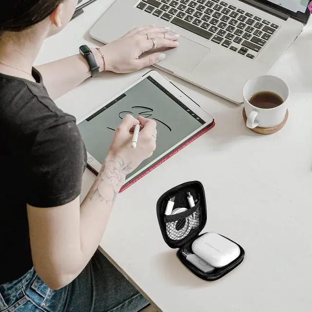 Alt view image 6 of 7 - Square + Round Earbud Case Portable EVA Carrying Case Storage Bag Cell Phone Accessories Organizer with Carabiner for Earphone, Earbud, Earpieces, SD Memory Card, Camera Chips, Black * 2