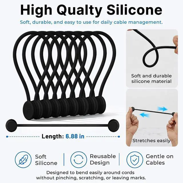 Alt view image 3 of 7 - COOLMI Magnetic Cable Ties 8 Pack, 6.88 Inch Reusable Silicone Cord Organizer Wraps, Strong Magnet Cable Management Straps for Charging Cords, USB Cables, Earbuds, Desk, Travel, Black