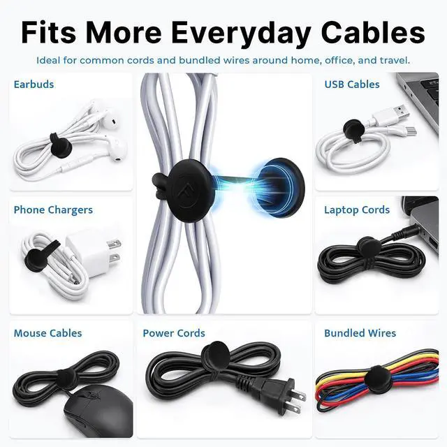 Alt view image 4 of 7 - COOLMI Magnetic Cable Ties 8 Pack, 6.88 Inch Reusable Silicone Cord Organizer Wraps, Strong Magnet Cable Management Straps for Charging Cords, USB Cables, Earbuds, Desk, Travel, Black