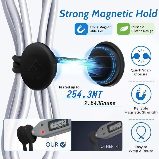Alt view image 2 of 7 - COOLMI Magnetic Cable Ties 8 Pack, 6.88 Inch Reusable Silicone Cord Organizer Wraps, Strong Magnet Cable Management Straps for Charging Cords, USB Cables, Earbuds, Desk, Travel, Black