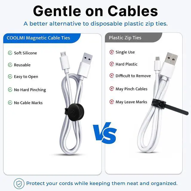 Alt view image 6 of 7 - COOLMI Magnetic Cable Ties 8 Pack, 6.88 Inch Reusable Silicone Cord Organizer Wraps, Strong Magnet Cable Management Straps for Charging Cords, USB Cables, Earbuds, Desk, Travel, Black